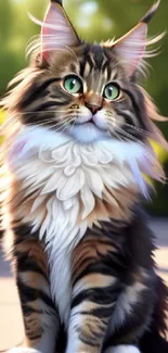 Adorable Maine Coon cat with green eyes sitting outdoors.