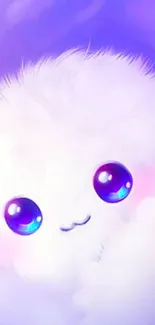 Adorable fluffy character with big eyes on a light purple background.