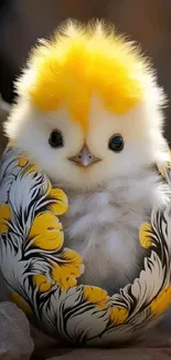 Adorable fluffy chick in a decorated egg shell in vibrant yellow hues.