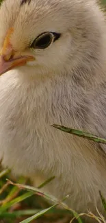 Close-up of a fluffy chick standing in green grass.