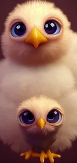 Adorable fluffy chicks with big blue eyes on a brown background.