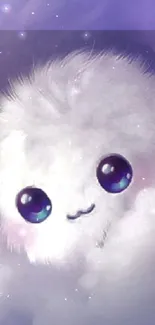 Adorable fluffy creature with big eyes in a cloud setting.