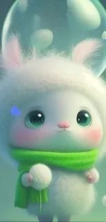 Cute fluffy creature with green scarf and bubble background.