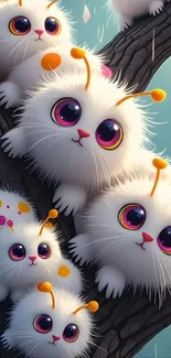 Charming fluffy creatures with big eyes perched on a tree branch.