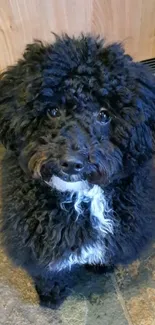 Adorable black fluffy dog sitting indoors.