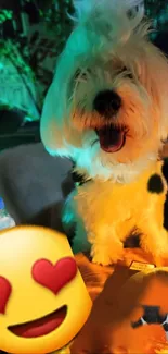 Fluffy white dog with a happy emoji on a vibrant background.