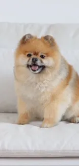 Adorable fluffy Pomeranian sitting on a white couch.