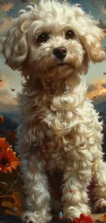 Fluffy white dog with floral background.
