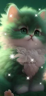 Adorable fluffy green kitten with flowers in a dreamy setting.