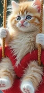 Fluffy kitten swinging on red heart.