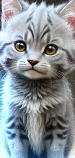 Adorable fluffy gray kitten with big eyes sitting on a neutral background.