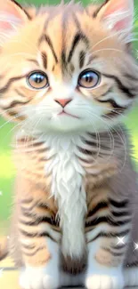 Adorable fluffy kitten with blue eyes and a green background.