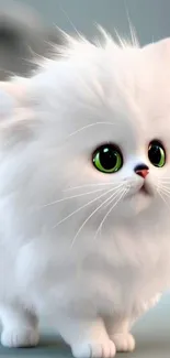 Fluffy white kitten with green eyes, posing adorably for a mobile wallpaper.