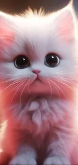 Adorable fluffy kitten with big eyes on a pink background.