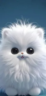 Fluffy white kitten with big eyes on a blue background.