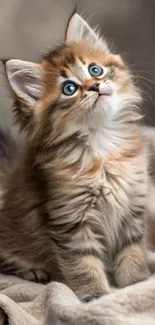Cute fluffy kitten with blue eyes on a blanket.