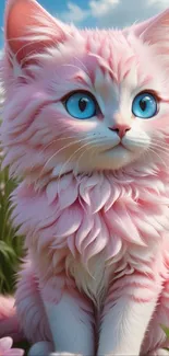 Fluffy pink cat sitting in a floral meadow with bright blue eyes.