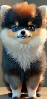 Fluffy Pomeranian puppy with big eyes on a wooden table background.