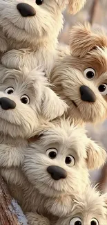 Adorable fluffy puppies peeking around a tree.