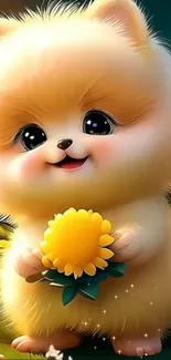 Cute fluffy puppy holding a flower in digital art style.