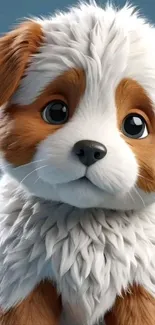 Adorable fluffy cartoon puppy with white fur and brown patches.