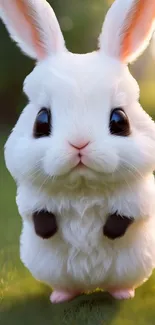 Adorable white fluffy rabbit on grass background.