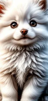 Fluffy white puppy with big eyes sitting down.