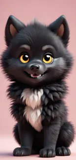 Adorable fluffy wolf puppy with big eyes on a pink background.