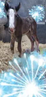 Cute foal with fireworks in barn wallpaper.