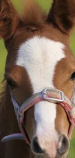 Close-up of a brown pony on a green background, wearing a halter.