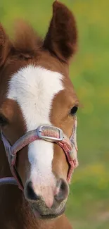 Adorable young foal in a lush green field.