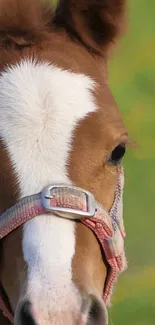 Cute brown foal with white stripe grazing peacefully in a lush green field.