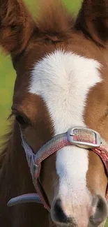 Close-up of an adorable brown foal with a white blaze, wearing a halter.