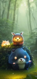 Adorable animals in mystical green forest setting.