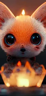 Adorable fox candle with large eyes glowing warmly.