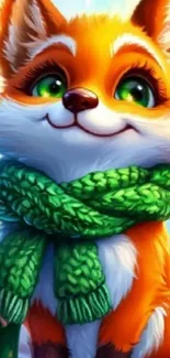 Adorable fox with green eyes and scarf cartoon wallpaper.