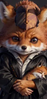 Cute fox character in a cloak, holding a small fox, on a mobile wallpaper.