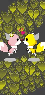 Cute fox couple with heart pattern background.