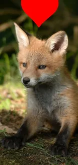 Cute fox cub on a grassy forest floor with a red heart above.