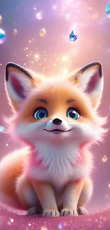 Cute cartoon fox with sparkling jewels on a pink fantasy background.