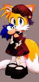 Cartoon fox hugging a plush toy in a dress.