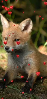 Cute fox cub resting in a lush green forest setting.