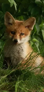 Adorable fox nestled in green forest wallpaper.