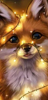 Cute fox wrapped in glowing fairy lights, creating a warm and charming aesthetic.