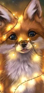 Cute fox wrapped in glowing fairy lights.