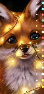 Adorable fox with fairy lights on fur in mobile wallpaper.