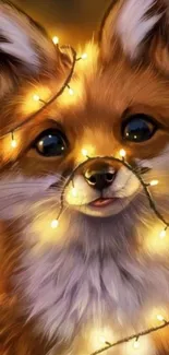 Adorable fox wrapped in glowing fairy lights, creating a warm and enchanting look.