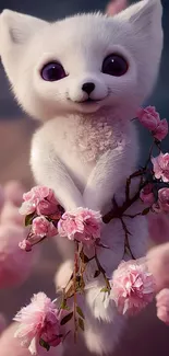 Fluffy white fox with pink blossoms, perfect for a mobile wallpaper.