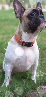 Charming French Bulldog sitting on green grass with a playful expression.