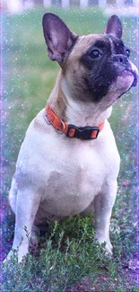 Adorable French Bulldog sitting on grass with a magical effect background.